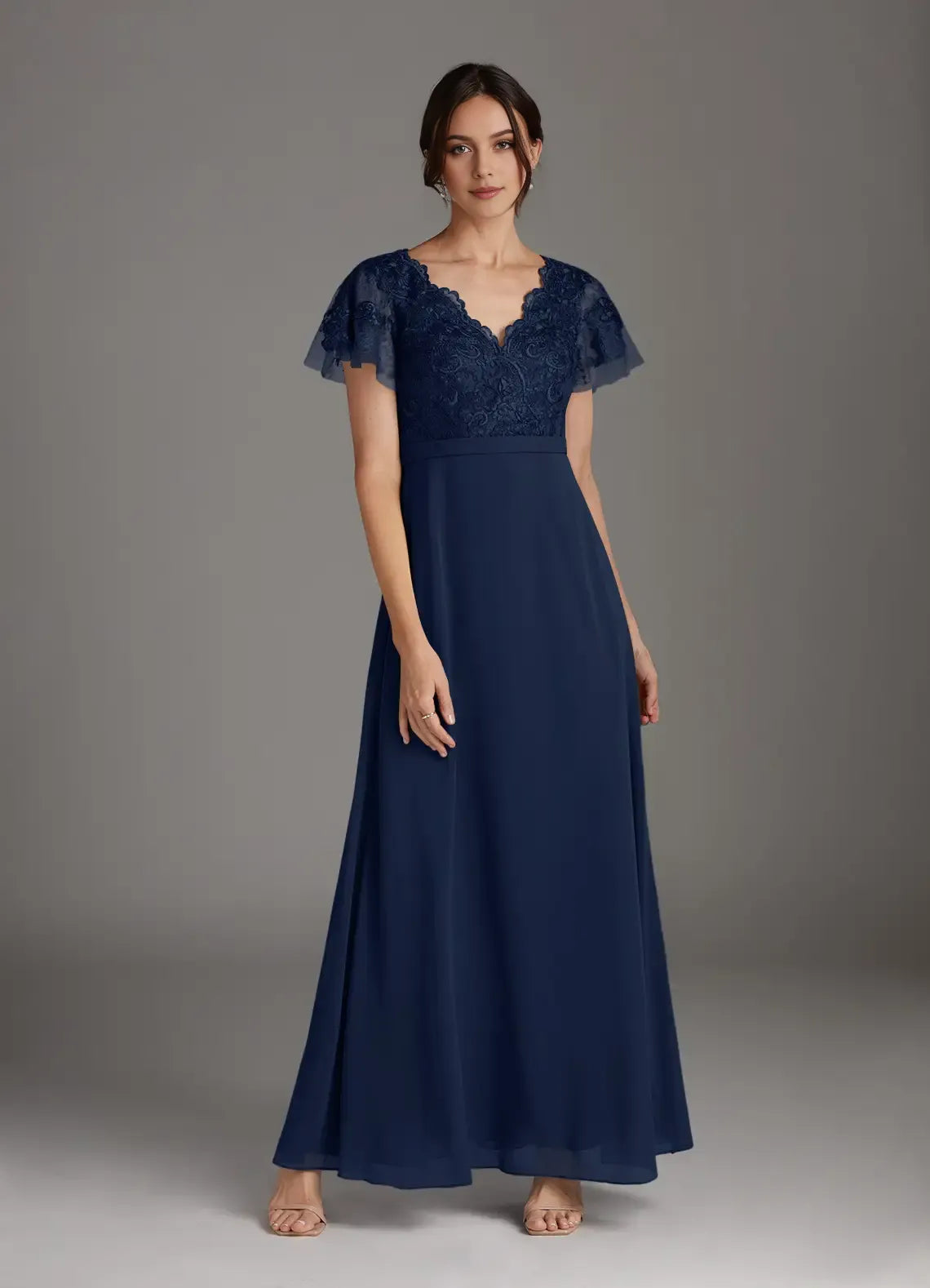 Romantic Dark Navy A-Line V-Neck Flutter Sleeve Lace-Embellished Back Zip Floor-Length Mother of the Bride Dress Hot Sale