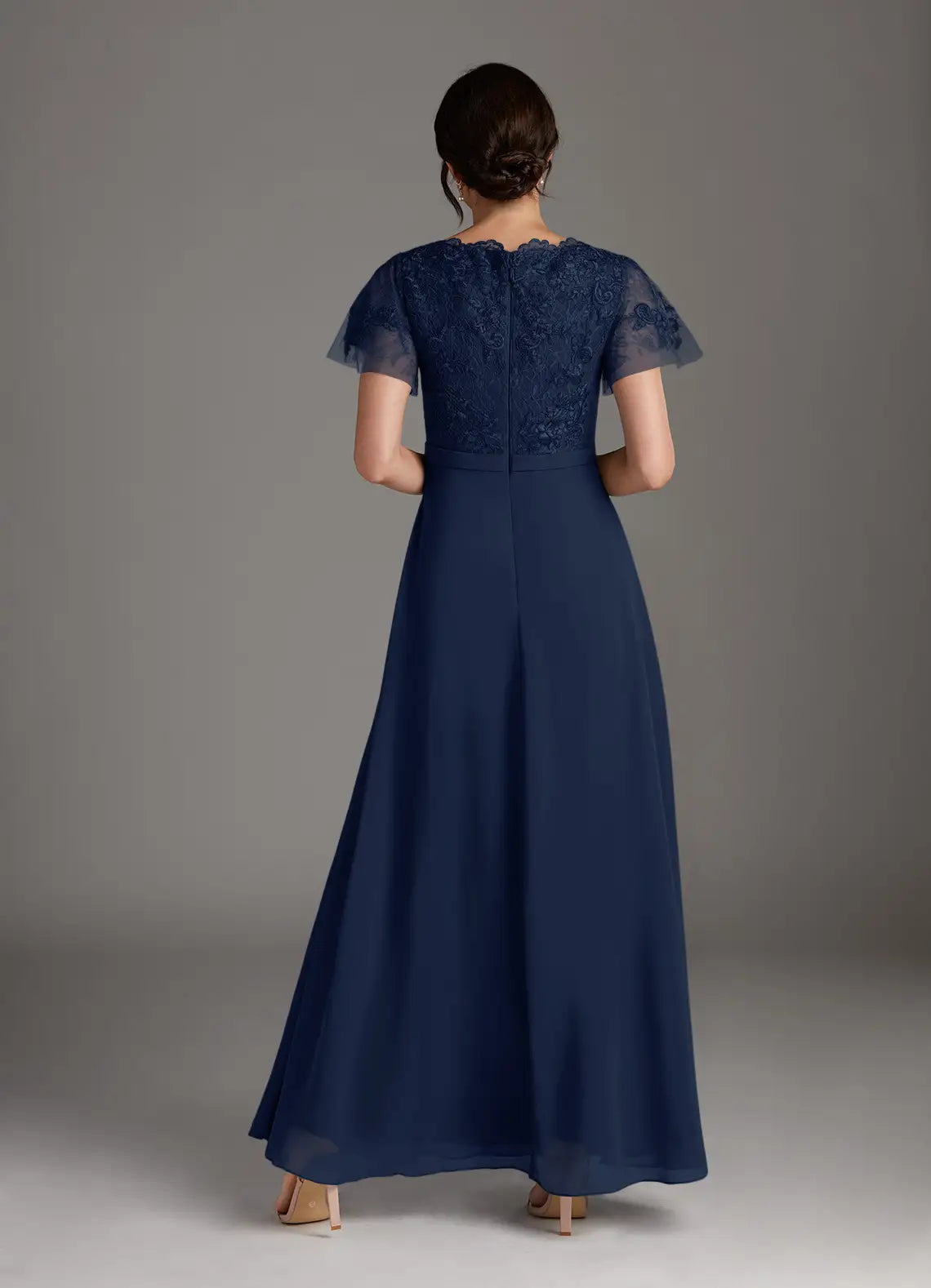 Romantic Dark Navy A-Line V-Neck Flutter Sleeve Lace-Embellished Back Zip Floor-Length Mother of the Bride Dress Hot Sale