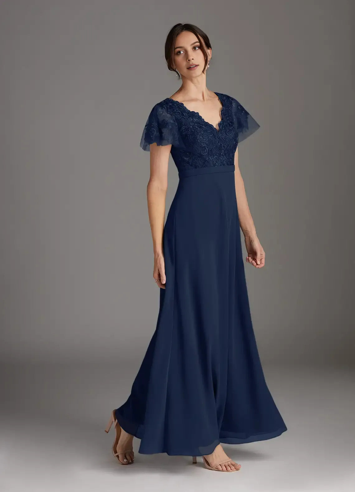 Romantic Dark Navy A-Line V-Neck Flutter Sleeve Lace-Embellished Back Zip Floor-Length Mother of the Bride Dress Hot Sale