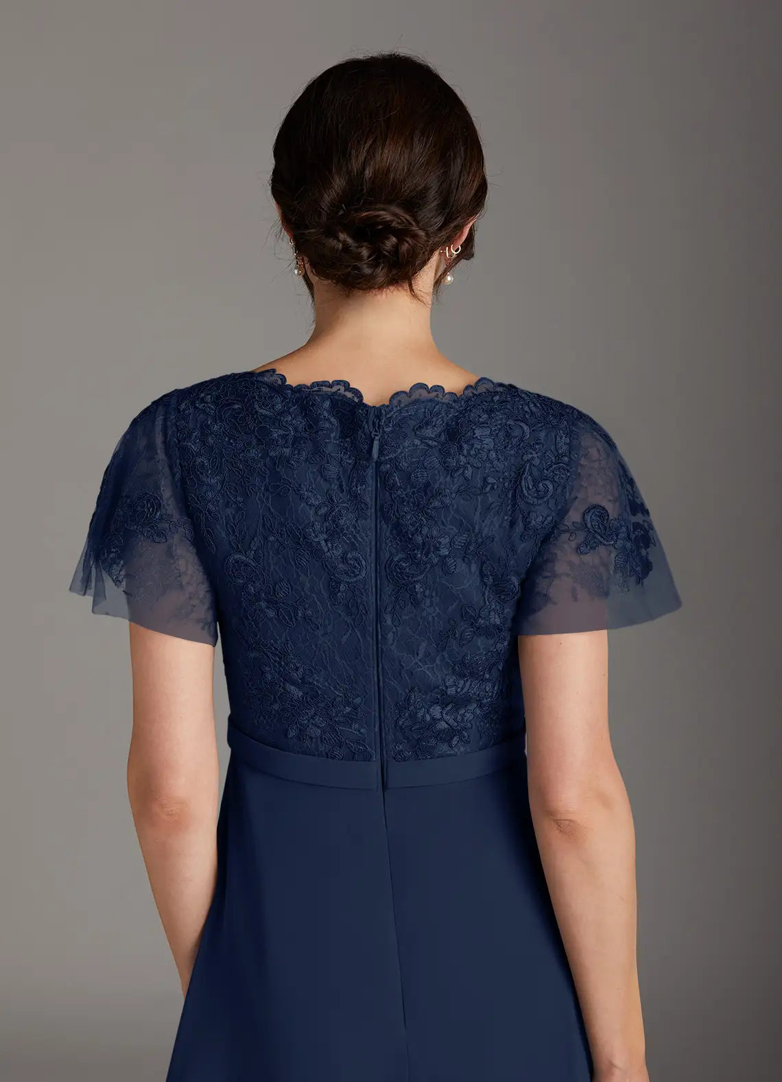 Romantic Dark Navy A-Line V-Neck Flutter Sleeve Lace-Embellished Back Zip Floor-Length Mother of the Bride Dress Hot Sale