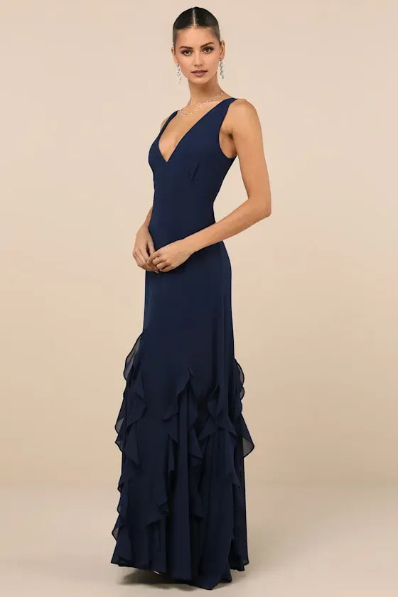 Romantic Dark Navy Sheath Deep V -Neck Sleeveless V-Back Floor-Length Ruffled Prom Dresses ﻿
