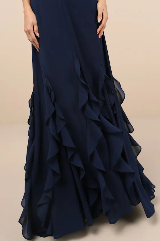 Romantic Dark Navy Sheath Deep V -Neck Sleeveless V-Back Floor-Length Ruffled Prom Dresses ﻿