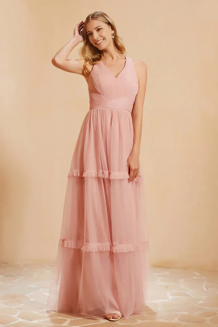 Romantic Dusty Rose A-Line V-Neck Sleeveless Crossed Straps Pleated Ruffles Tulle Floor-Length Prom Dresses  ﻿