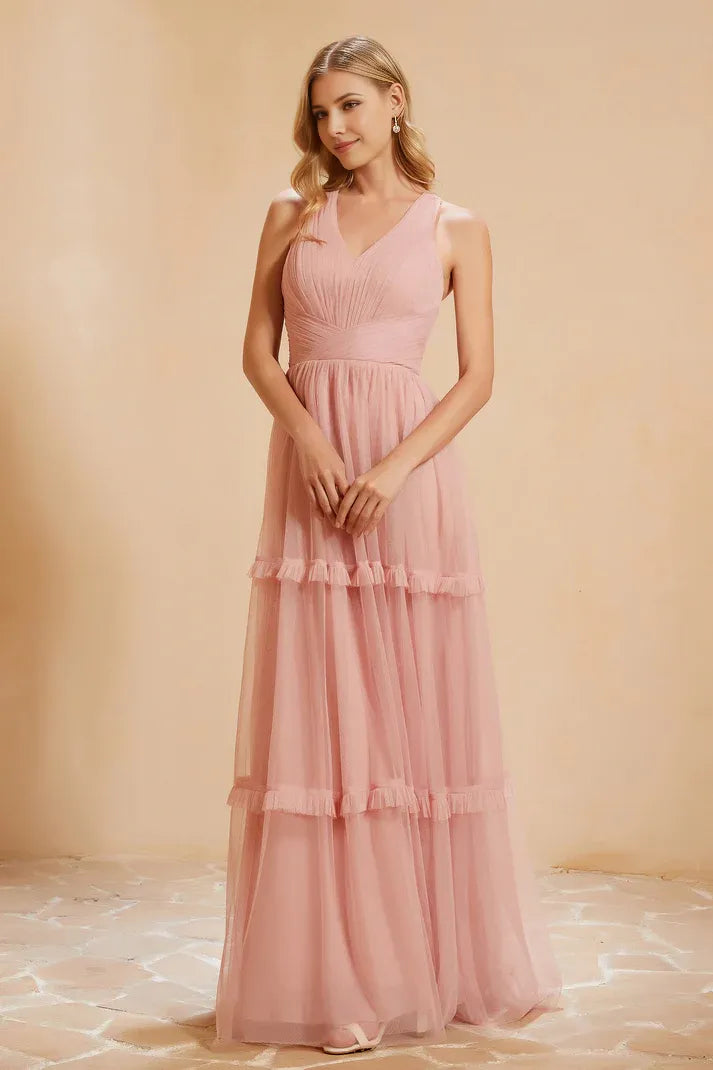 Romantic Dusty Rose A-Line V-Neck Sleeveless Crossed Straps Pleated Ruffles Tulle Floor-Length Prom Dresses  ﻿