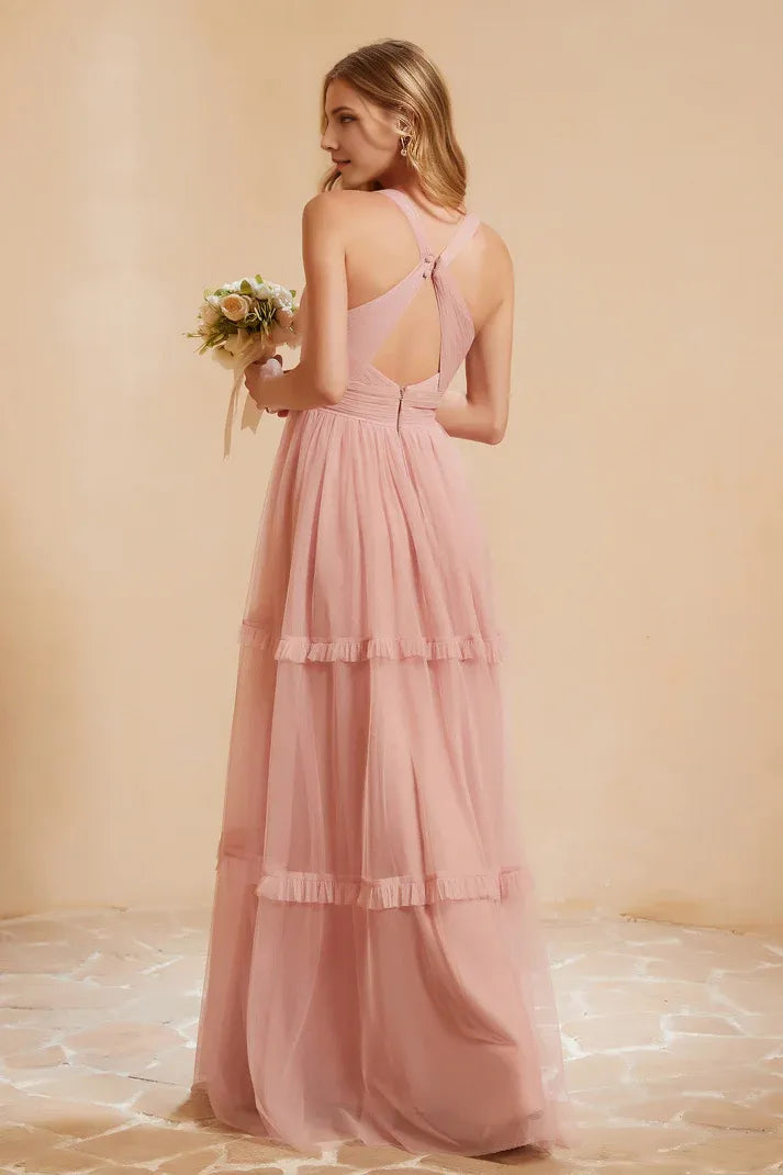 Romantic Dusty Rose A-Line V-Neck Sleeveless Crossed Straps Pleated Ruffles Tulle Floor-Length Prom Dresses  ﻿