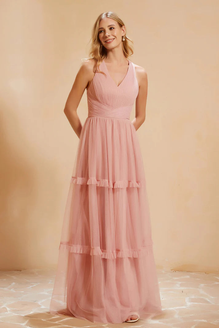 Romantic Dusty Rose A-Line V-Neck Sleeveless Crossed Straps Pleated Ruffles Tulle Floor-Length Prom Dresses  ﻿