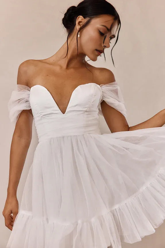 Romantic Flare Off-Shoulder Puff Sleeve Lace-Up Short-Length Homecoming Dresses women Hot Sale