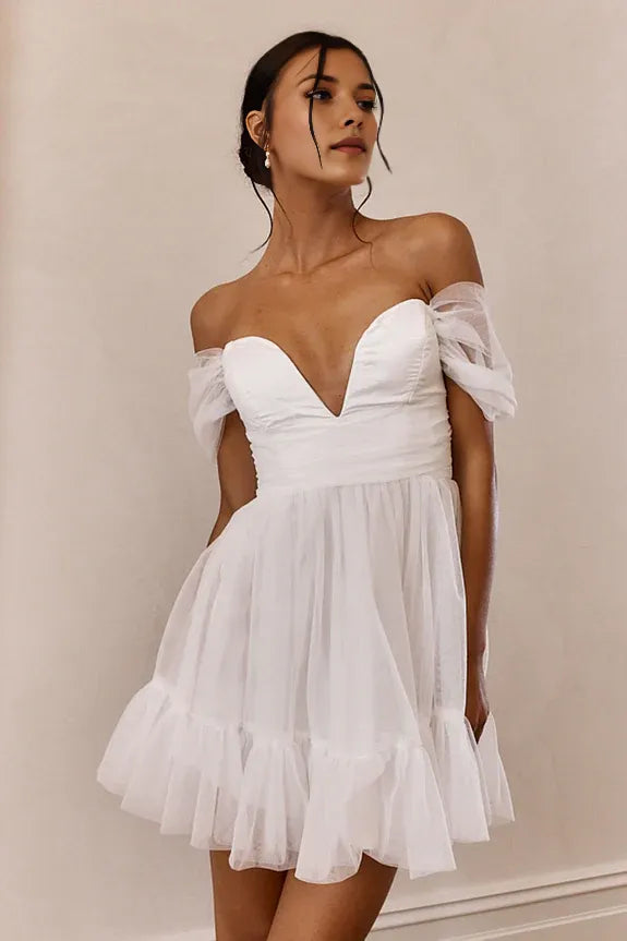 Romantic Flare Off-Shoulder Puff Sleeve Lace-Up Short-Length Homecoming Dresses women Hot Sale