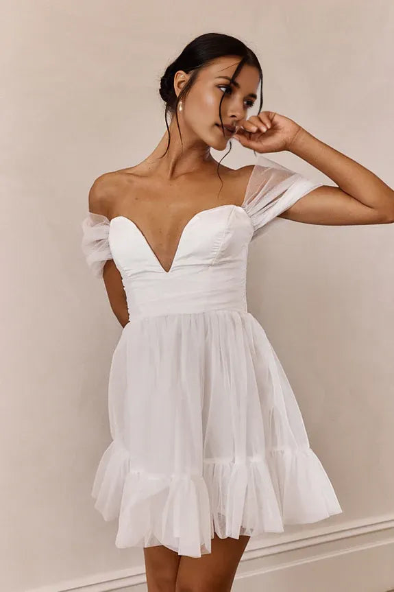 Romantic Flare Off-Shoulder Puff Sleeve Lace-Up Short-Length Homecoming Dresses women Hot Sale