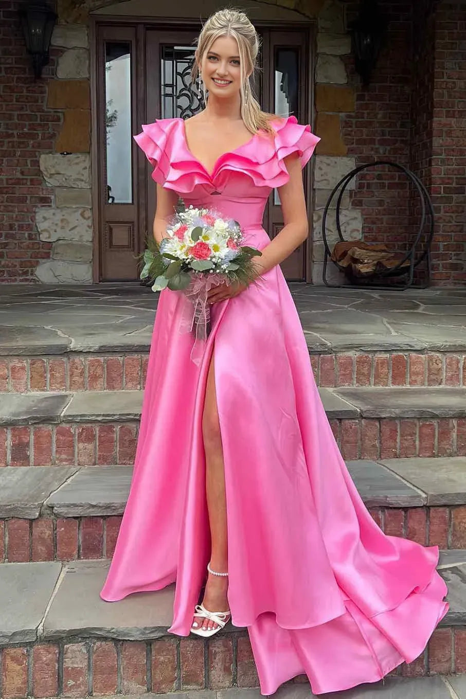 Romantic Hot Pink A-Line V-Neck Ruffle Shoulder Back Zip High Side Slit Floor-Length Prom Dress Hot Sale