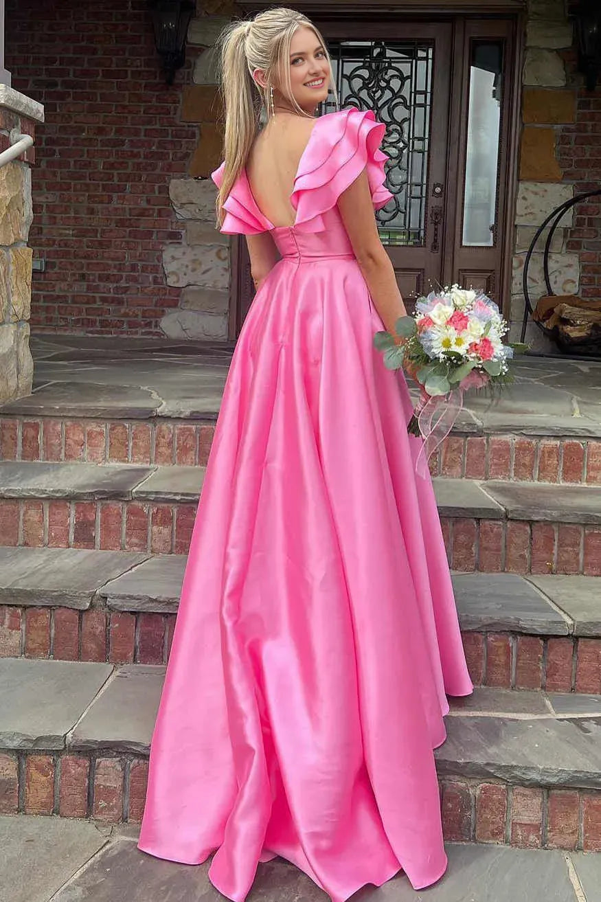 Romantic Hot Pink A-Line V-Neck Ruffle Shoulder Back Zip High Side Slit Floor-Length Prom Dress Hot Sale