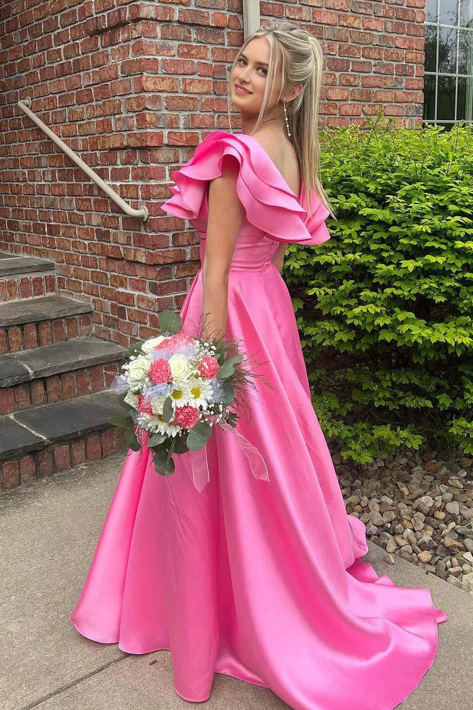 Romantic Hot Pink A-Line V-Neck Ruffle Shoulder Back Zip High Side Slit Floor-Length Prom Dress Hot Sale