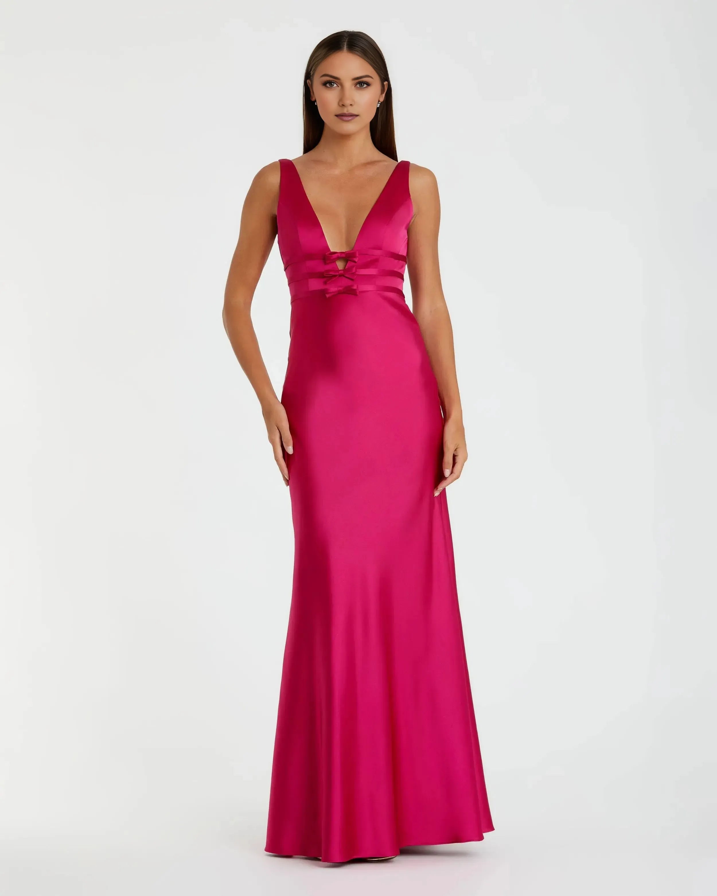 Romantic Hot Pink Sheath Deep-V-Neck Sleeveless Tie Back Floor-Length Satin Prom Dress With Bow Details