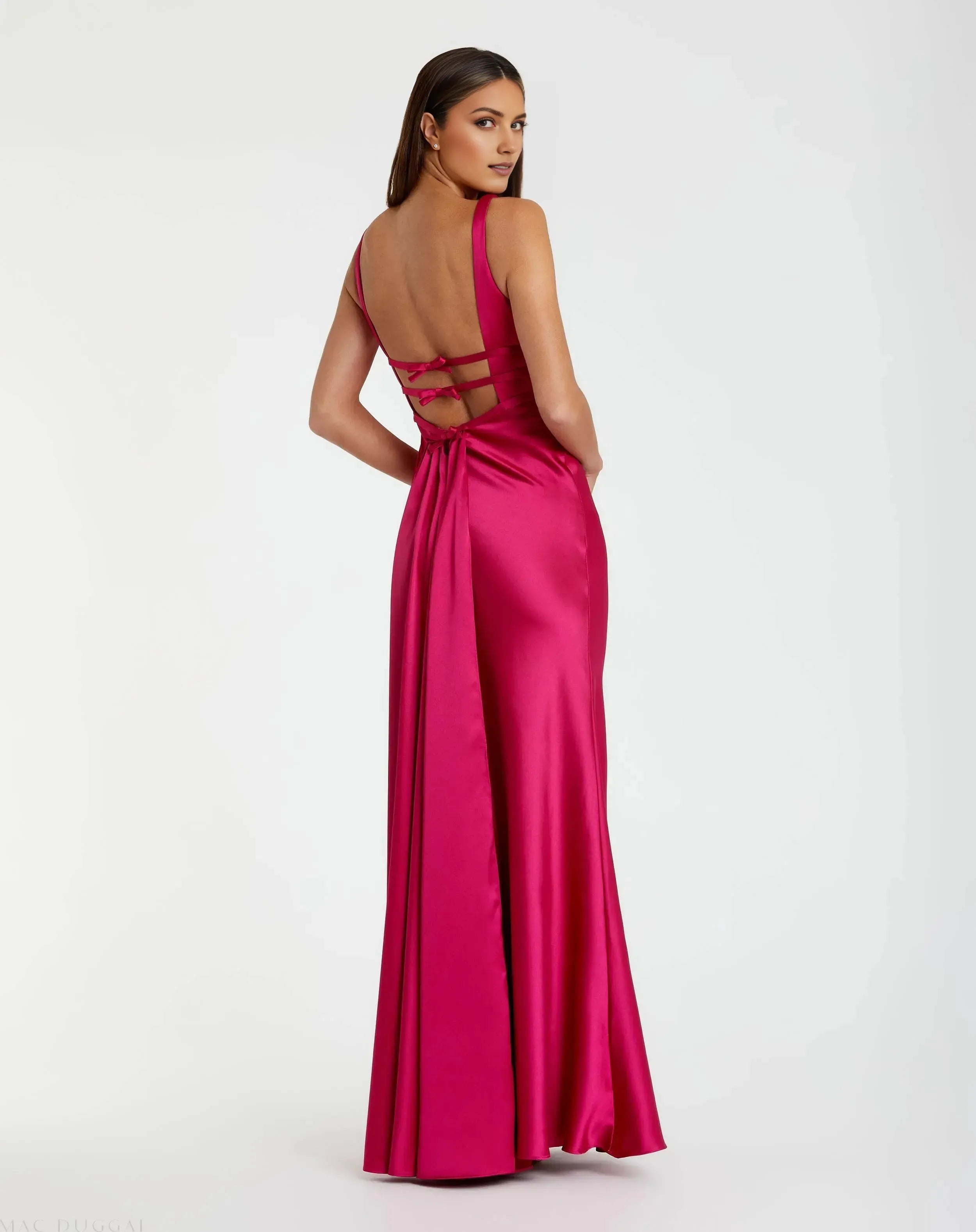 Romantic Hot Pink Sheath Deep-V-Neck Sleeveless Tie Back Floor-Length Satin Prom Dress With Bow Details