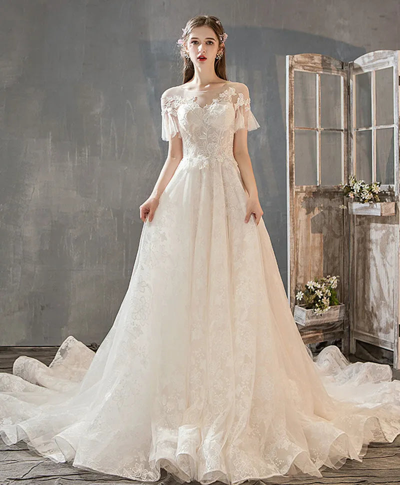 Romantic Illusion Neck Short Sleeve Tulle Lace Lace-Up Bow Sweep/Brush Train Long Wedding Dress