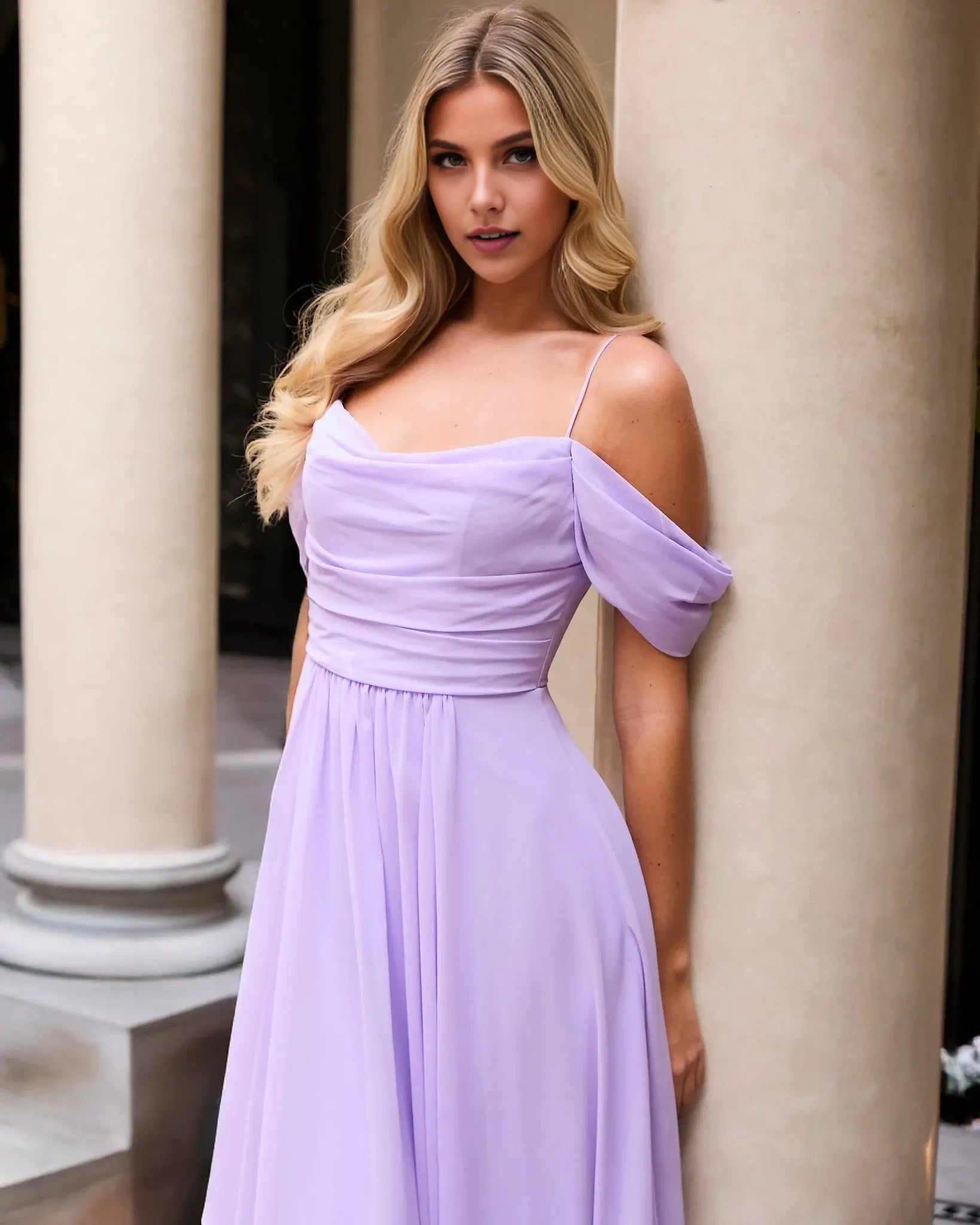 Romantic Lavender A-Line Cowl Neck Cold-Shoulder Back Zip Floor-Length Ruched Chiffon Prom Dress ﻿