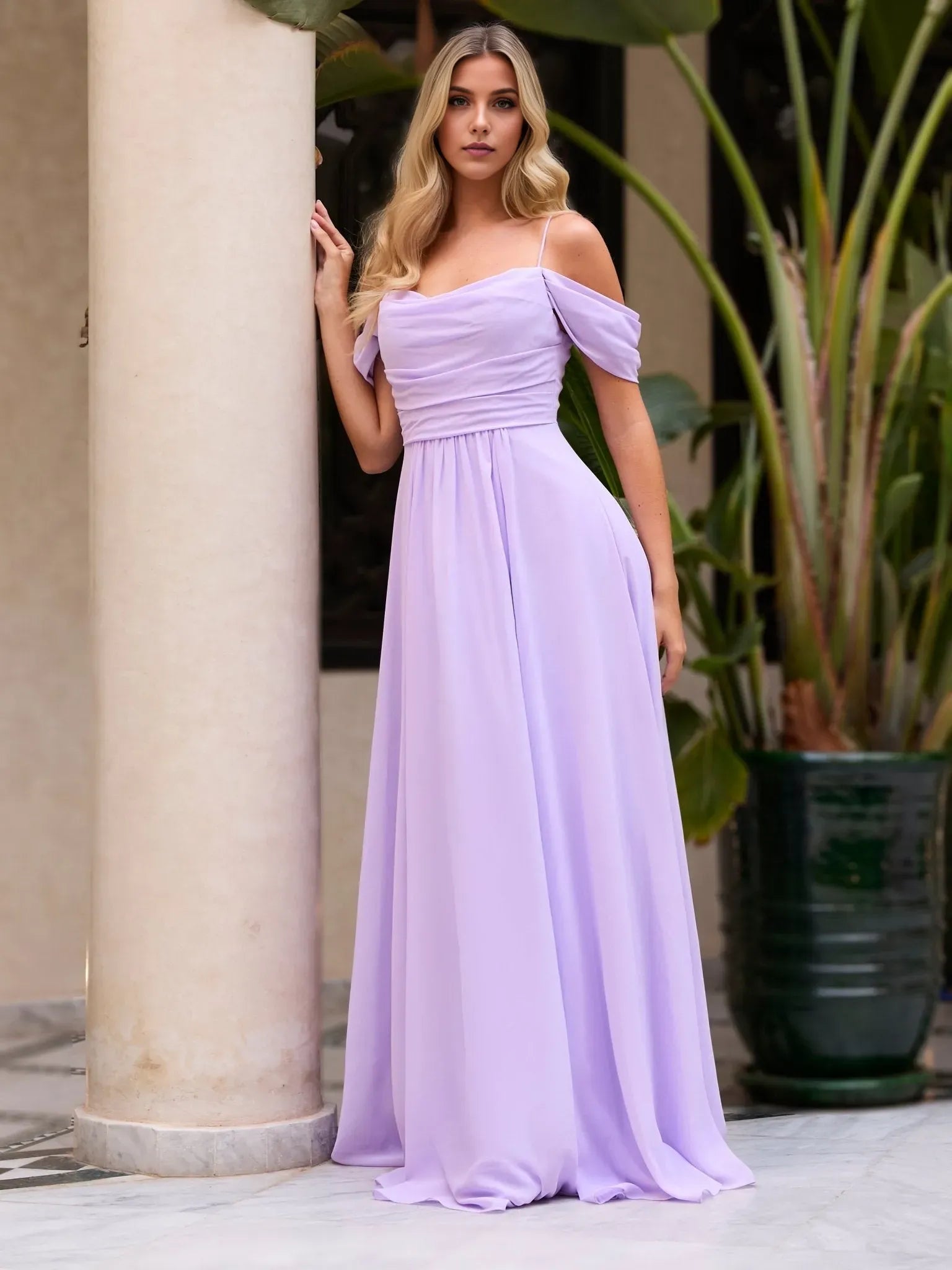 Romantic Lavender A-Line Cowl Neck Cold-Shoulder Back Zip Floor-Length Ruched Chiffon Prom Dress ﻿