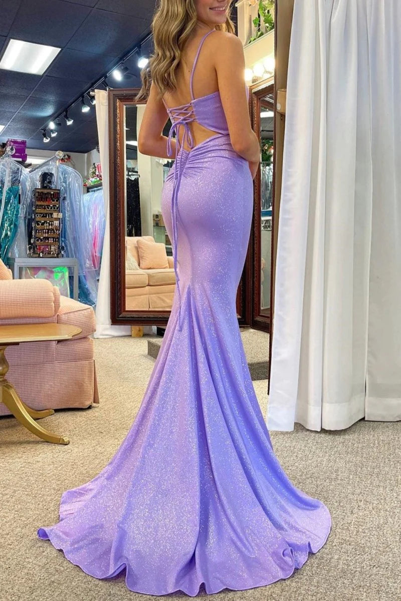 Romantic Lavender Mermaid Glitter Scoop Neckline Spaghetti Strap Beaded Lace-Up High-Slit Prom Dresses
