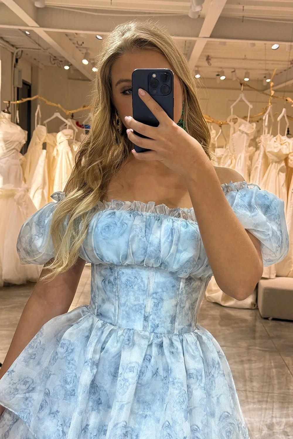 Romantic Light Blue A-Line Off The Shoulder Sleeveless Back Zip Floor-Length Ruffled Tiered Floral Print Chiffon Prom Dress