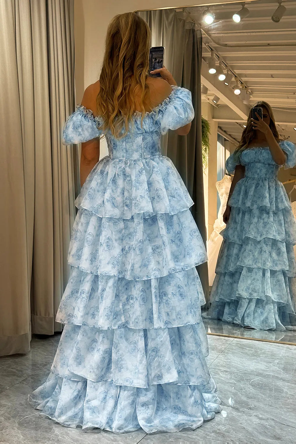 Romantic Light Blue A-Line Off The Shoulder Sleeveless Back Zip Floor-Length Ruffled Tiered Floral Print Chiffon Prom Dress