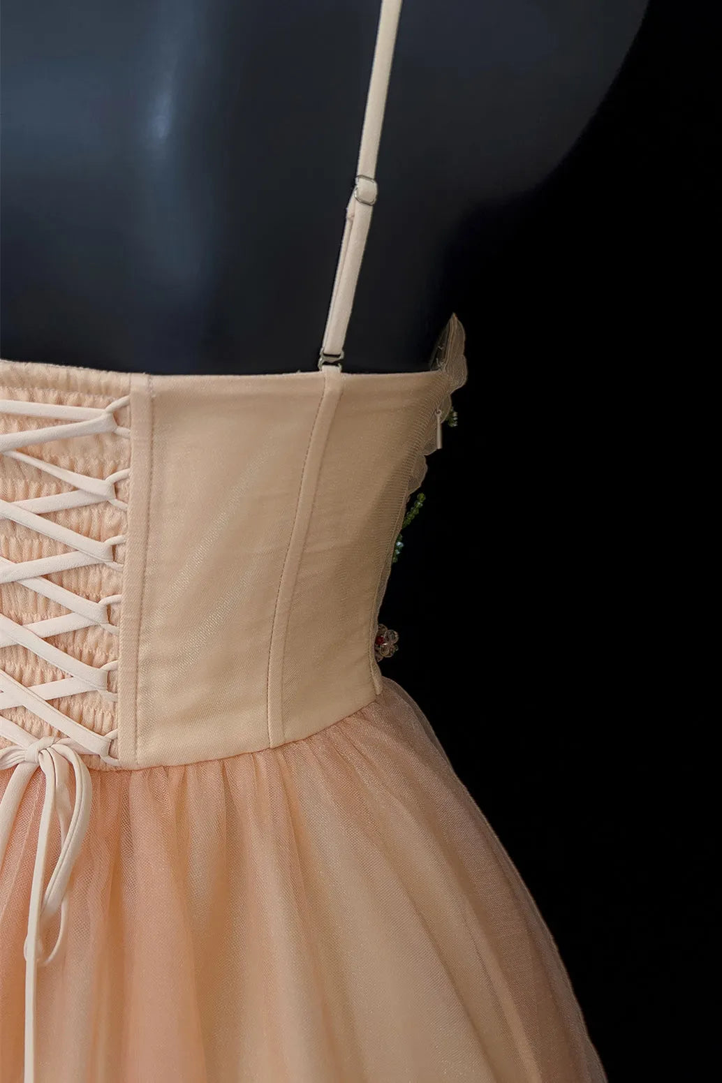 Romantic Light Orange A -Line Sweetheart Neck Spaghetti Strap Floral Beaded Tulle Lace Up Back Floor - Length Prom Dress