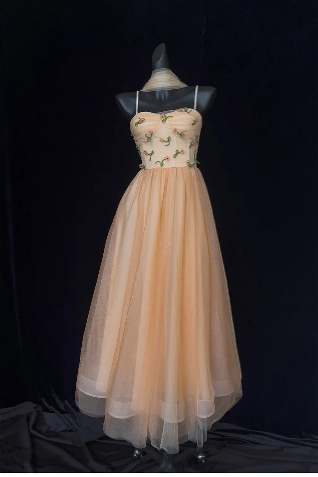 Romantic Light Orange A -Line Sweetheart Neck Spaghetti Strap Floral Beaded Tulle Lace Up Back Floor - Length Prom Dress