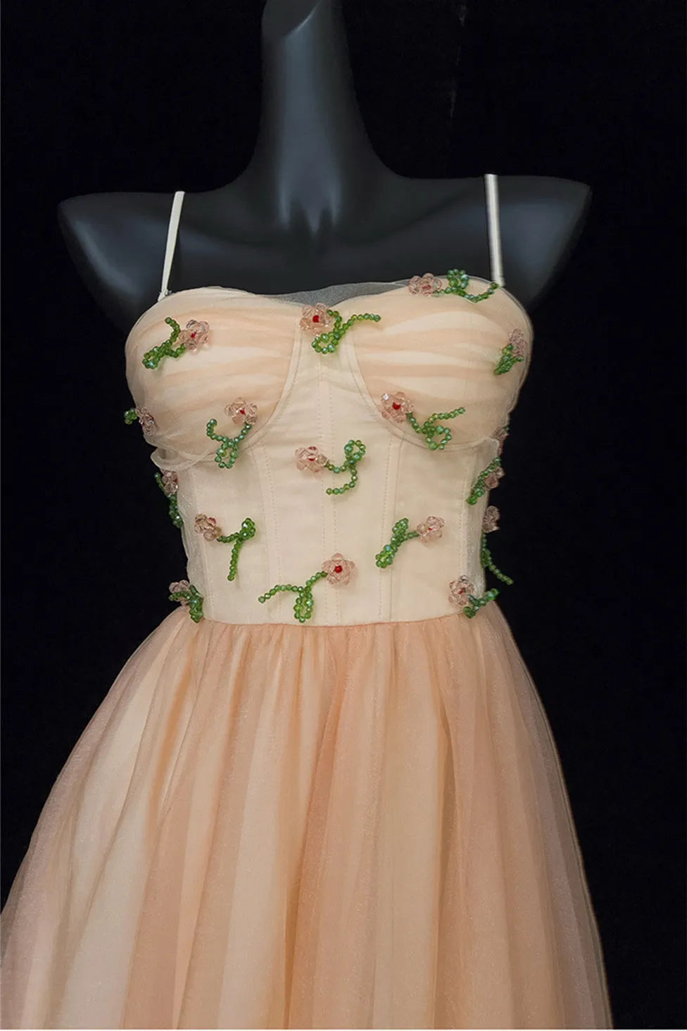 Romantic Light Orange A -Line Sweetheart Neck Spaghetti Strap Floral Beaded Tulle Lace Up Back Floor - Length Prom Dress