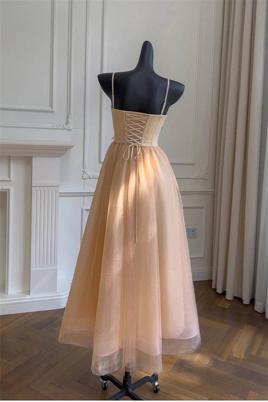 Romantic Light Orange A -Line Sweetheart Neck Spaghetti Strap Floral Beaded Tulle Lace Up Back Floor - Length Prom Dress