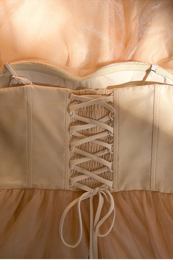 Romantic Light Orange A -Line Sweetheart Neck Spaghetti Strap Floral Beaded Tulle Lace Up Back Floor - Length Prom Dress