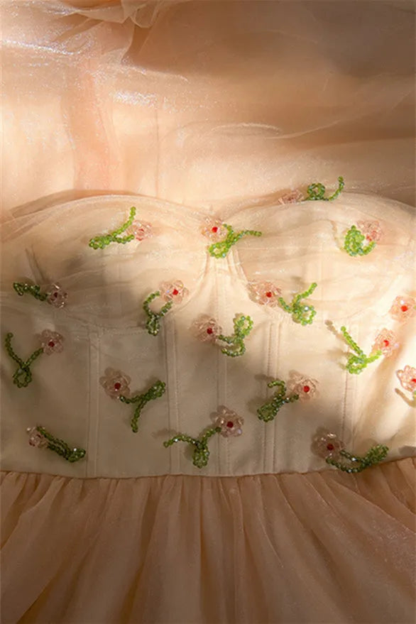 Romantic Light Orange A -Line Sweetheart Neck Spaghetti Strap Floral Beaded Tulle Lace Up Back Floor - Length Prom Dress