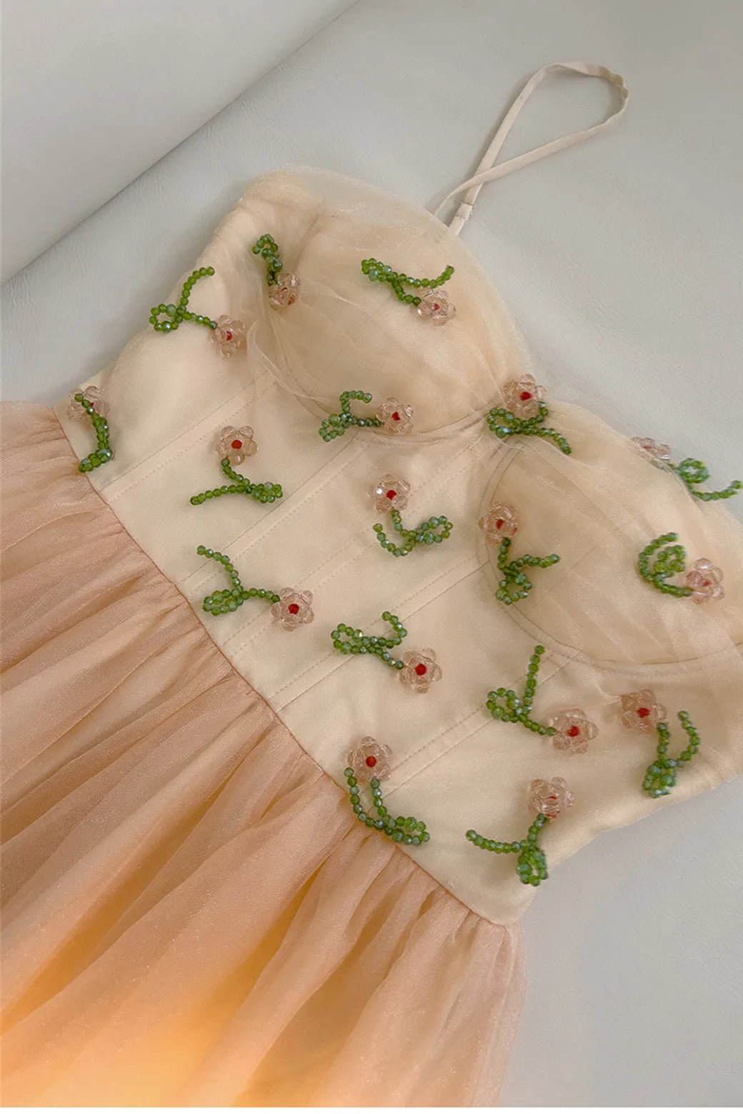 Romantic Light Orange A -Line Sweetheart Neck Spaghetti Strap Floral Beaded Tulle Lace Up Back Floor - Length Prom Dress