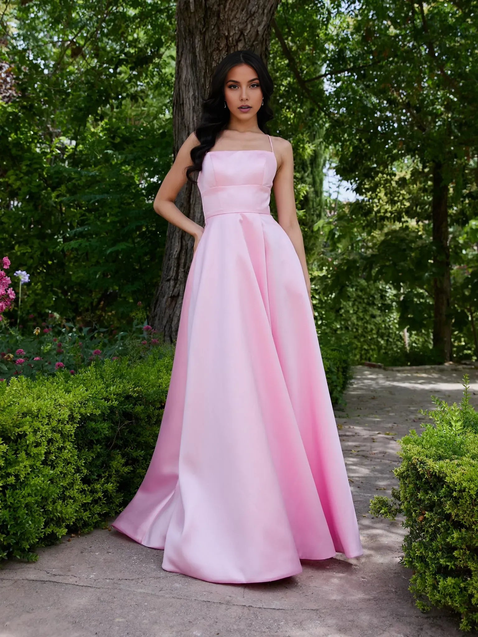 Romantic Light Pink A line Square Neck Spaghetti Strap Cross-Back Floor-Length Satin Prom Dress