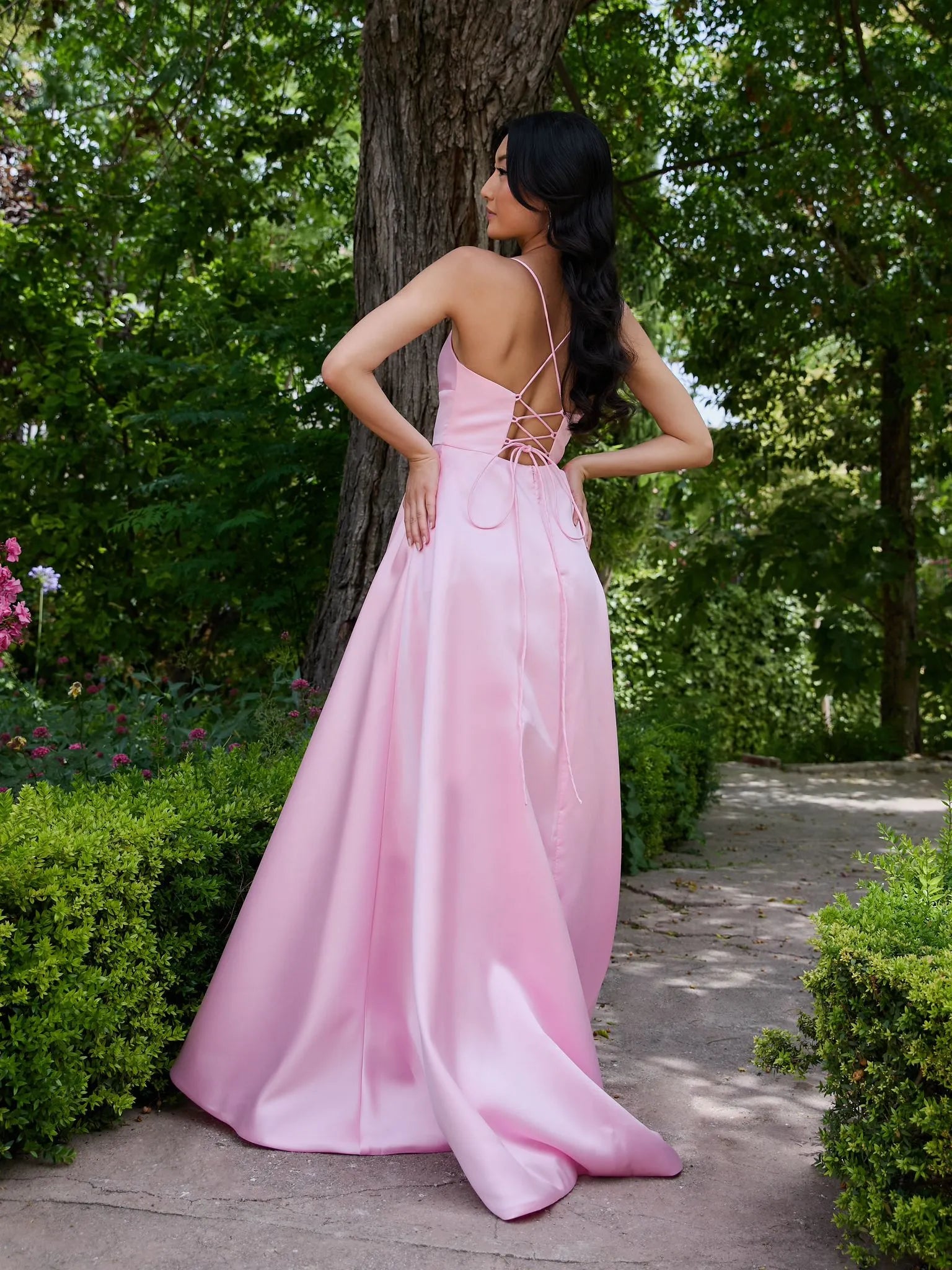 Romantic Light Pink A line Square Neck Spaghetti Strap Cross-Back Floor-Length Satin Prom Dress