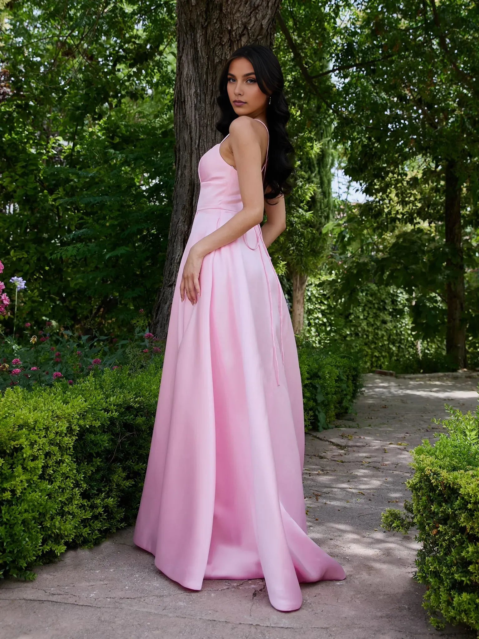 Romantic Light Pink A line Square Neck Spaghetti Strap Cross-Back Floor-Length Satin Prom Dress