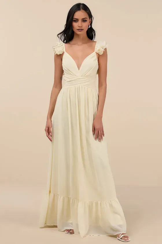 Romantic Light Yellow A-Line Deep V -Neck Ruffled-Strap Lace-Up-Back Floor-Length Prom Dress Hot sale