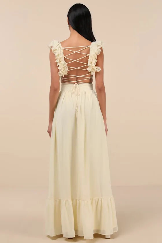 Romantic Light Yellow A-Line Deep V -Neck Ruffled-Strap Lace-Up-Back Floor-Length Prom Dress Hot sale