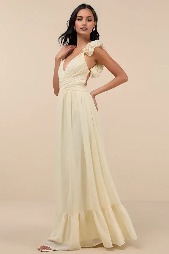 Romantic Light Yellow A-Line Deep V -Neck Ruffled-Strap Lace-Up-Back Floor-Length Prom Dress Hot sale