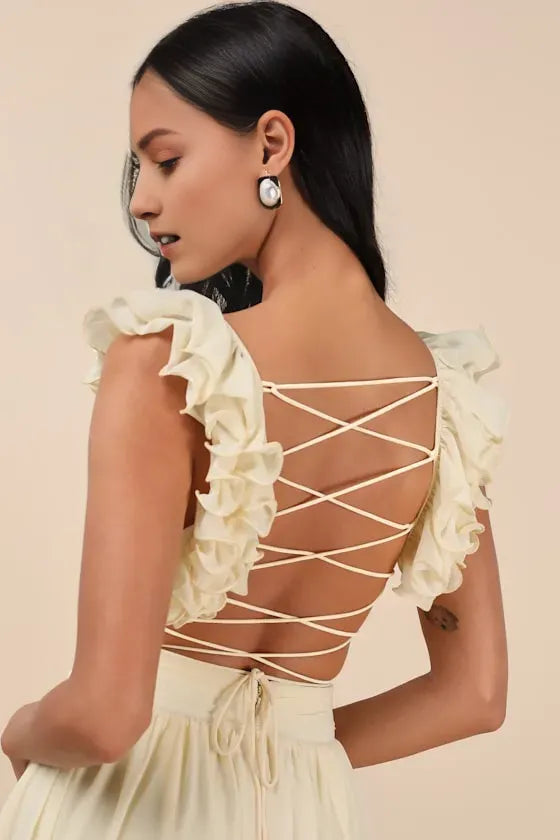 Romantic Light Yellow A-Line Deep V -Neck Ruffled-Strap Lace-Up-Back Floor-Length Prom Dress Hot sale