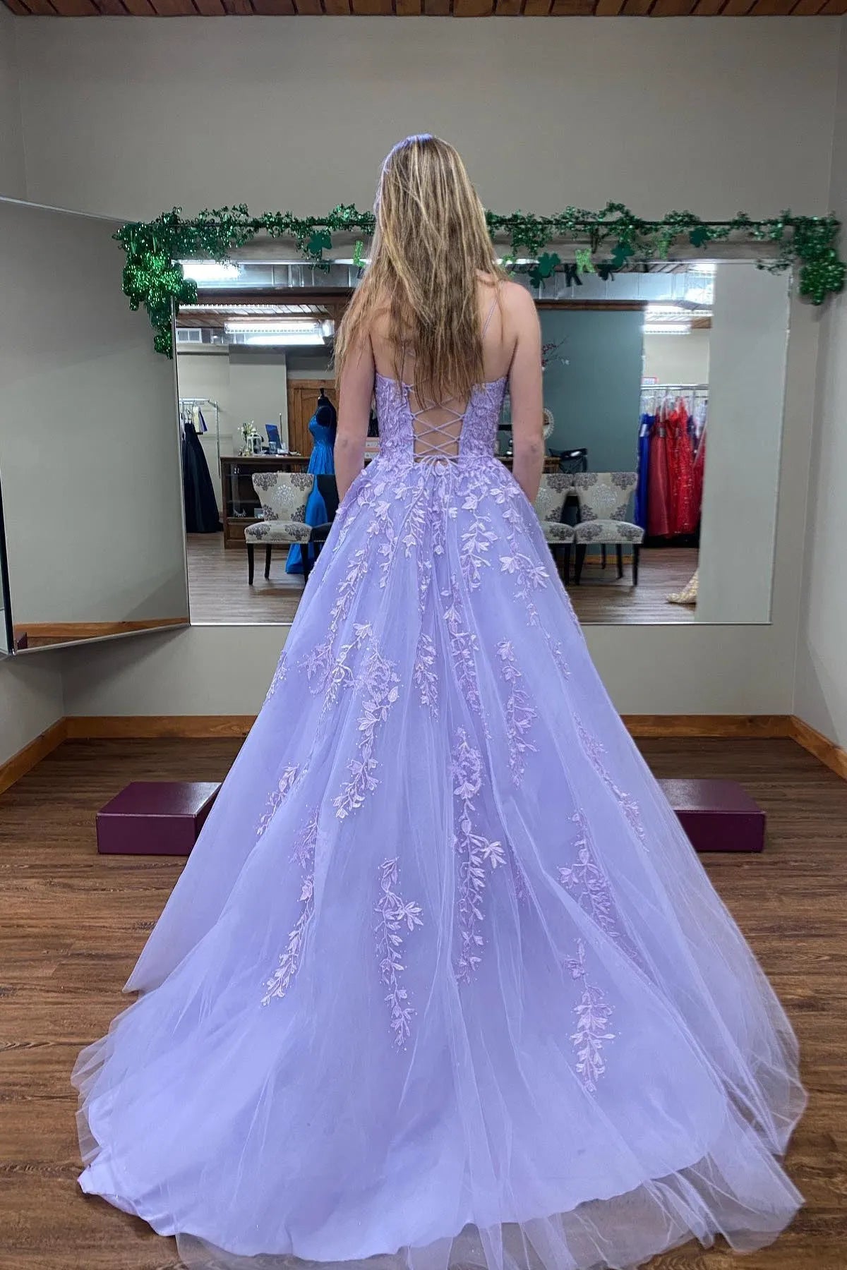 Romantic Lilac A-line Square Neck Sleeveless Tulle Appliques Lace Up Floor-Length Prom Dress Hot Sale