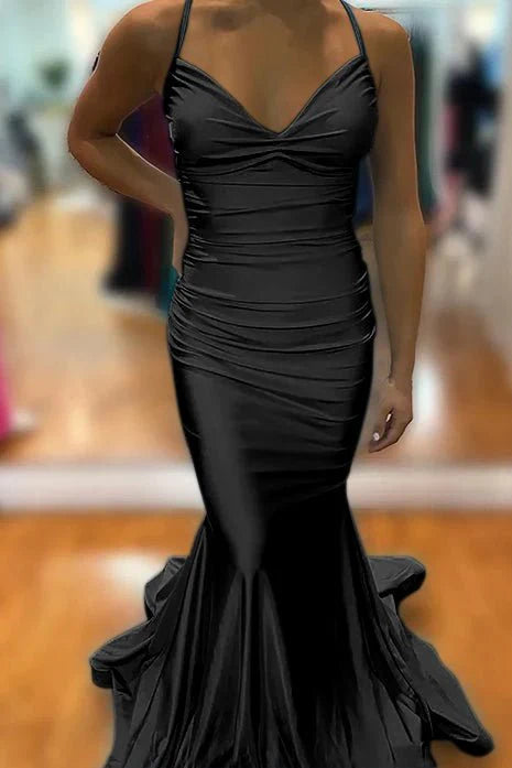 Romantic Mermaid Blue Deep V-Neck Sleeveless Ruched Crisscross-Back Floor-Length Long Prom Dress