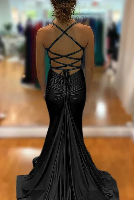 Romantic Mermaid Blue Deep V-Neck Sleeveless Ruched Crisscross-Back Floor-Length Long Prom Dress