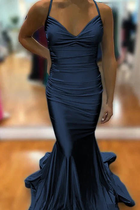 Romantic Mermaid Blue Deep V-Neck Sleeveless Ruched Crisscross-Back Floor-Length Long Prom Dress