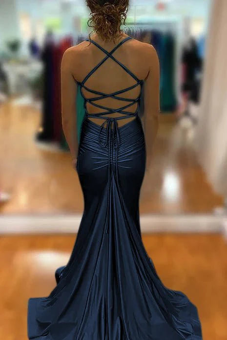 Romantic Mermaid Blue Deep V-Neck Sleeveless Ruched Crisscross-Back Floor-Length Long Prom Dress