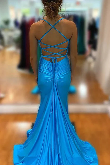 Romantic Mermaid Blue Deep V-Neck Sleeveless Ruched Crisscross-Back Floor-Length Long Prom Dress