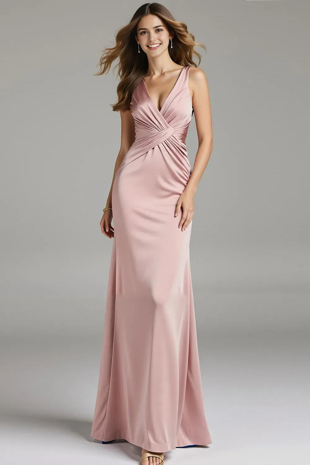 Romantic Mermaid Deep V-Neck Sleeveless Open Back Floor-Length Light Pink Ruched Satin Prom Dress with Twist Detail