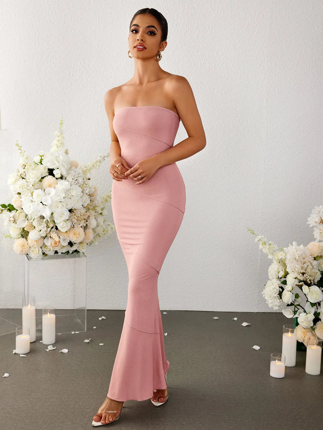 Romantic Mermaid Fitted Strapless Sleeveless Paneled Backless Floor-Length Prom Dresses