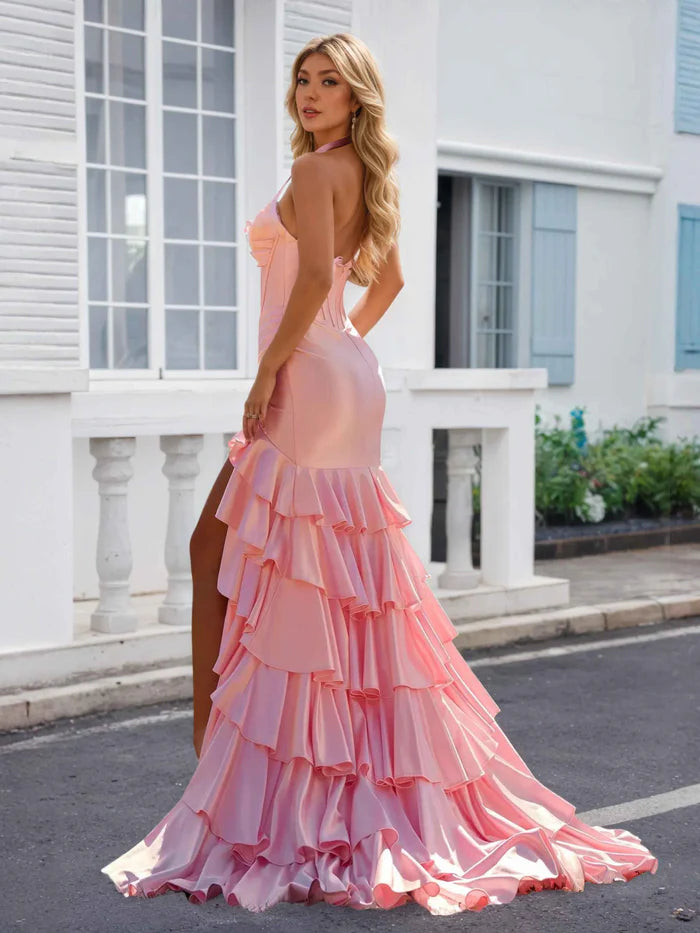 Romantic Mermaid Halter Neck Sleeveless Open-Back Floor-Length Prom Dresses