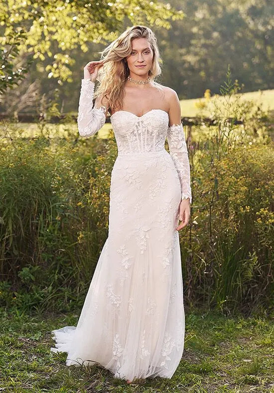 Romantic Mermaid Strapless Detachable Sleeve Lace Train Wedding Dresses