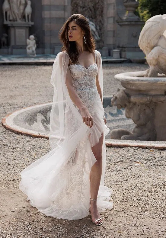 Romantic Mermaid Sweetheart Neck Cape Sleeve Open Back Train Wedding Dresses