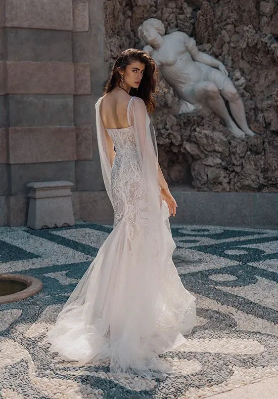 Romantic Mermaid Sweetheart Neck Cape Sleeve Open Back Train Wedding Dresses